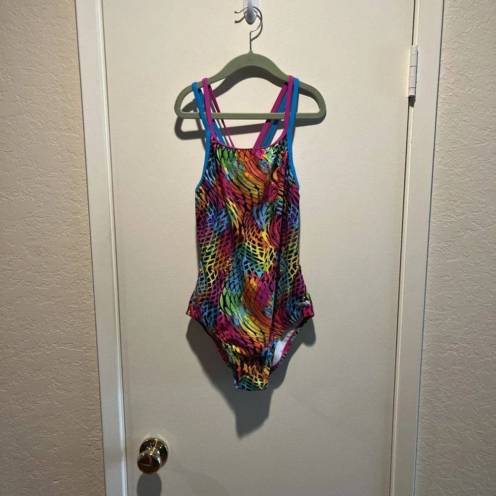 Speedo Girl's Swimsuit One Piece Multicolored Cross Back Multi Straps Size 14